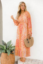 Load image into Gallery viewer, Orange Boho Floral Wrap V Neck Tie Long Sleeve Dress
