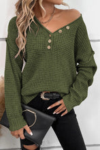 Load image into Gallery viewer, Pickle Green Pointelle Knit Button V Neck Drop Shoulder Sweater
