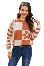 Load image into Gallery viewer, Checkered Floral Print Striped Sleeve Sweater
