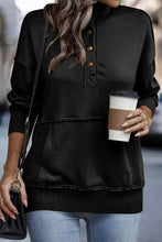 Load image into Gallery viewer, Black Ribbed Hem Snap Button Neckline Sweatshirt with Pocket
