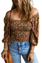 Load image into Gallery viewer, Green Floral Print Shirred 3/4 Sleeve Off Shoulder Blouse
