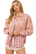 Load image into Gallery viewer, Pink Frayed Patchwork Plaid Contrast Jacket
