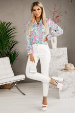 Load image into Gallery viewer, Purple Floral Printed Ruffle Lapel V Neck Shirt
