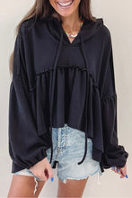 Load image into Gallery viewer, Black Oversized Ruffled High Low Hem Drop Shoulder Hoodie
