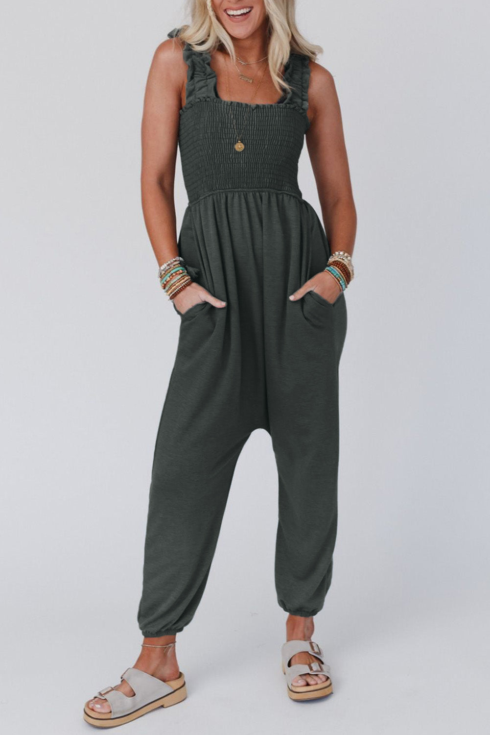 Smocked Ruffled Straps High Waist Sleeveless Jumpsuit