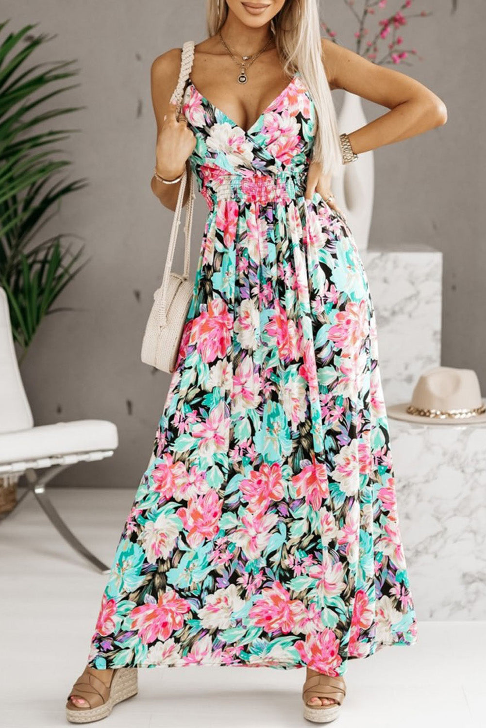 Sling V-Neck Elastic Waist Floral Maxi Dress
