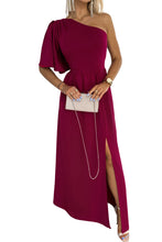 Load image into Gallery viewer, Rose One Shoulder Ruffle Sleeve Maxi Dress with Slit
