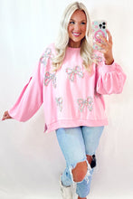 Load image into Gallery viewer, Light Pink Embroidered Bow Lantern Sleeve Oversized Pullover Sweatshirt
