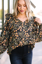 Load image into Gallery viewer, Black Plus Size Split Neck Ruffled Bubble Sleeve Floral Blouse
