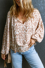 Load image into Gallery viewer, Apricot Western Print Balloon Sleeve Tassel Blouse
