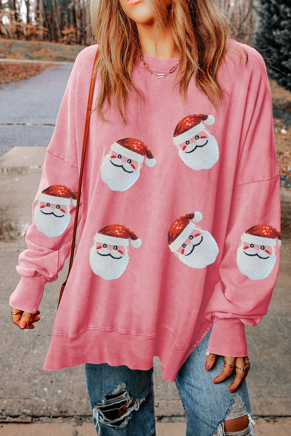 Pink Sequined Santa Clause Graphic Split Sweatshirt