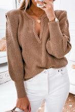 Load image into Gallery viewer, Brown Braided Notched V Neckline Puff Sleeve Knitted Sweater
