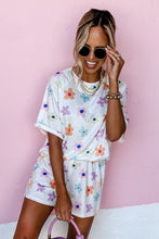 Load image into Gallery viewer, Flower Print Short Sleeve High Waist Two Piece Shorts Set
