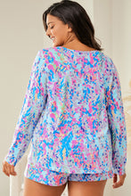 Load image into Gallery viewer, Sky Blue Plus Size Floral Print Long Sleeve and Shorts Lounge Outfit
