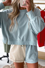 Load image into Gallery viewer, Sky Blue Split Hem Sweatshirt Color Block Shorts Set
