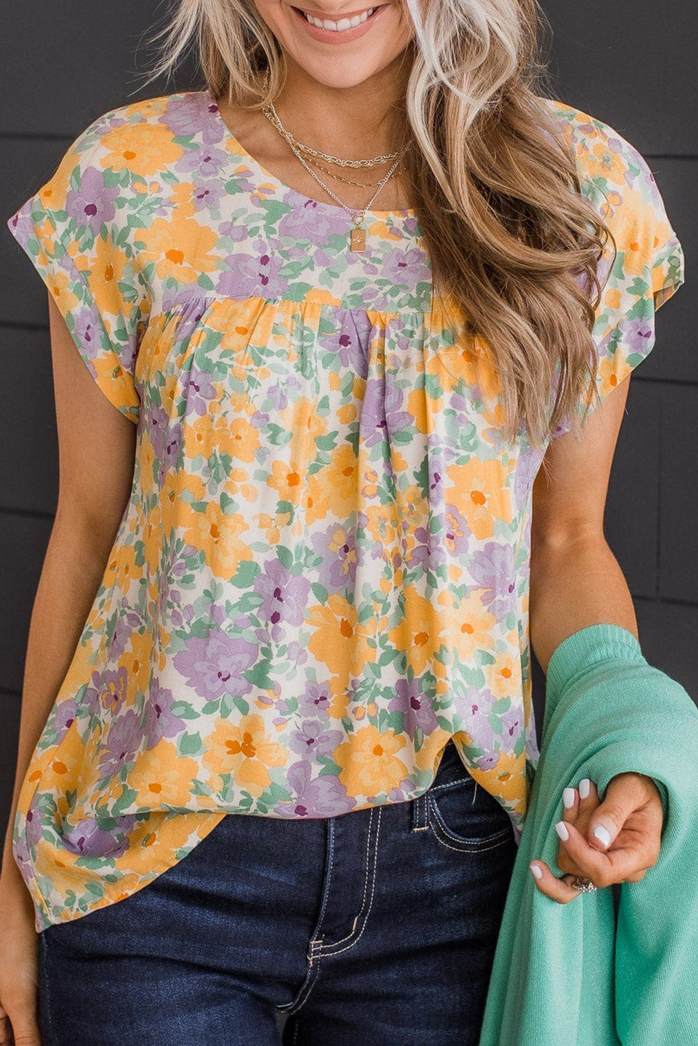 Floral Print Keyhole Back Short Sleeve Babydoll Blouse