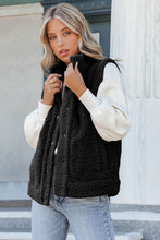 Load image into Gallery viewer, Black Snap Button Pocketed Sherpa Vest Jacket
