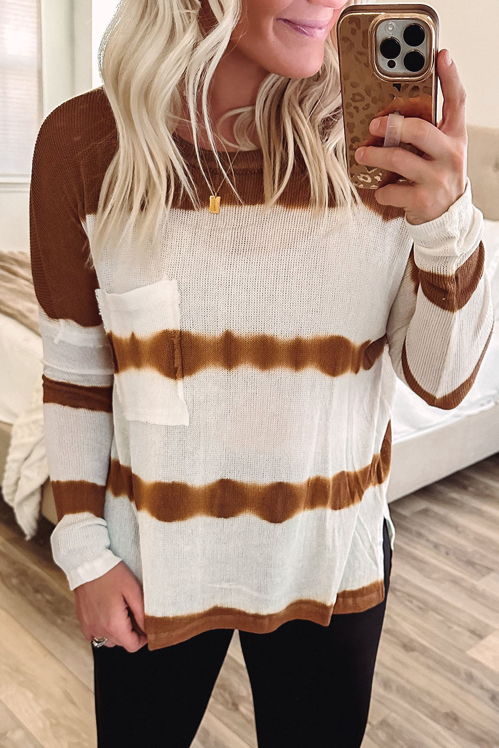 Tie Dye Striped Loose Knitted Long Sleeve Top with Slits