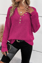 Load image into Gallery viewer, Rose Red Pointelle Knit Button V Neck Drop Shoulder Sweater
