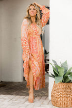 Load image into Gallery viewer, Orange Boho Floral Wrap V Neck Tie Long Sleeve Dress
