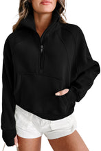 Load image into Gallery viewer, Black Zip Up Stand Collar Ribbed Thumbhole Sleeve Sweatshirt

