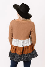Load image into Gallery viewer, Brown Ribbed Long Sleeve Dotted Tiered Ruffled Flowy Top
