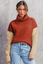 Load image into Gallery viewer, Clay Red Color Block Turtle Neck Drop Shoulder Knit Sweater
