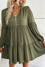 Load image into Gallery viewer, Green Lace Puff Sleeve Buttoned Tiered Ruffled Mini Dress
