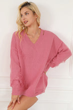 Load image into Gallery viewer, Pink Distressed Fringed Detail V Neck Baggy Sweater
