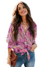 Load image into Gallery viewer, Purple Floral Print Button Up Puff Sleeve Shirt
