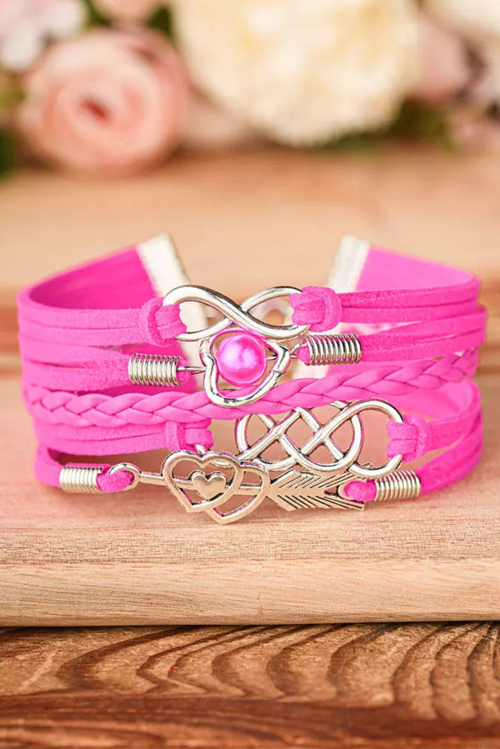 Rose Red Multi-layer Vintage Leather Heart Braided Infinity Bracelet