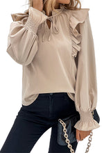 Load image into Gallery viewer, Khaki Ruffled Lace up Bubble Sleeve Blouse
