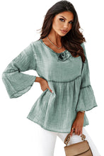 Load image into Gallery viewer, Crinkle Lace Up Round Neck Bell Sleeve Blouse
