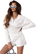 Load image into Gallery viewer, White Ribbed Zipper Sweatshirt and High Waist Shorts Set
