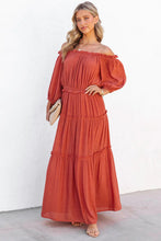 Load image into Gallery viewer, Orange Off Shoulder Balloon Sleeve Cutout Ruffled Maxi Dress
