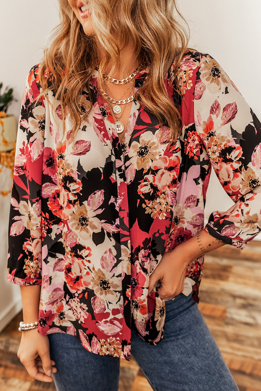 Red Floral Print Button Up Casual Shirt