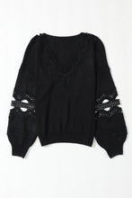 Load image into Gallery viewer, Black Hollowed Lace Splicing V Neck Loose Sweater
