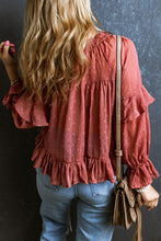 Load image into Gallery viewer, Red Swiss Dot Lace up V Neck Ruffled Blouse
