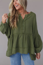 Load image into Gallery viewer, Green Henley Button Drop Shoulder Loose Sleeve Raw Edge Top
