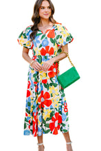 Load image into Gallery viewer, Multicolor Notch Neckline Bubble Sleeve Floral Midi Dress
