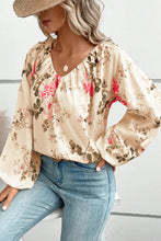 Load image into Gallery viewer, Beige Floral Print Lantern Sleeve V-Neck Blouse
