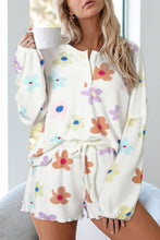 Load image into Gallery viewer, White Floral Long Sleeve Henley Top and Drawstring Shorts Set
