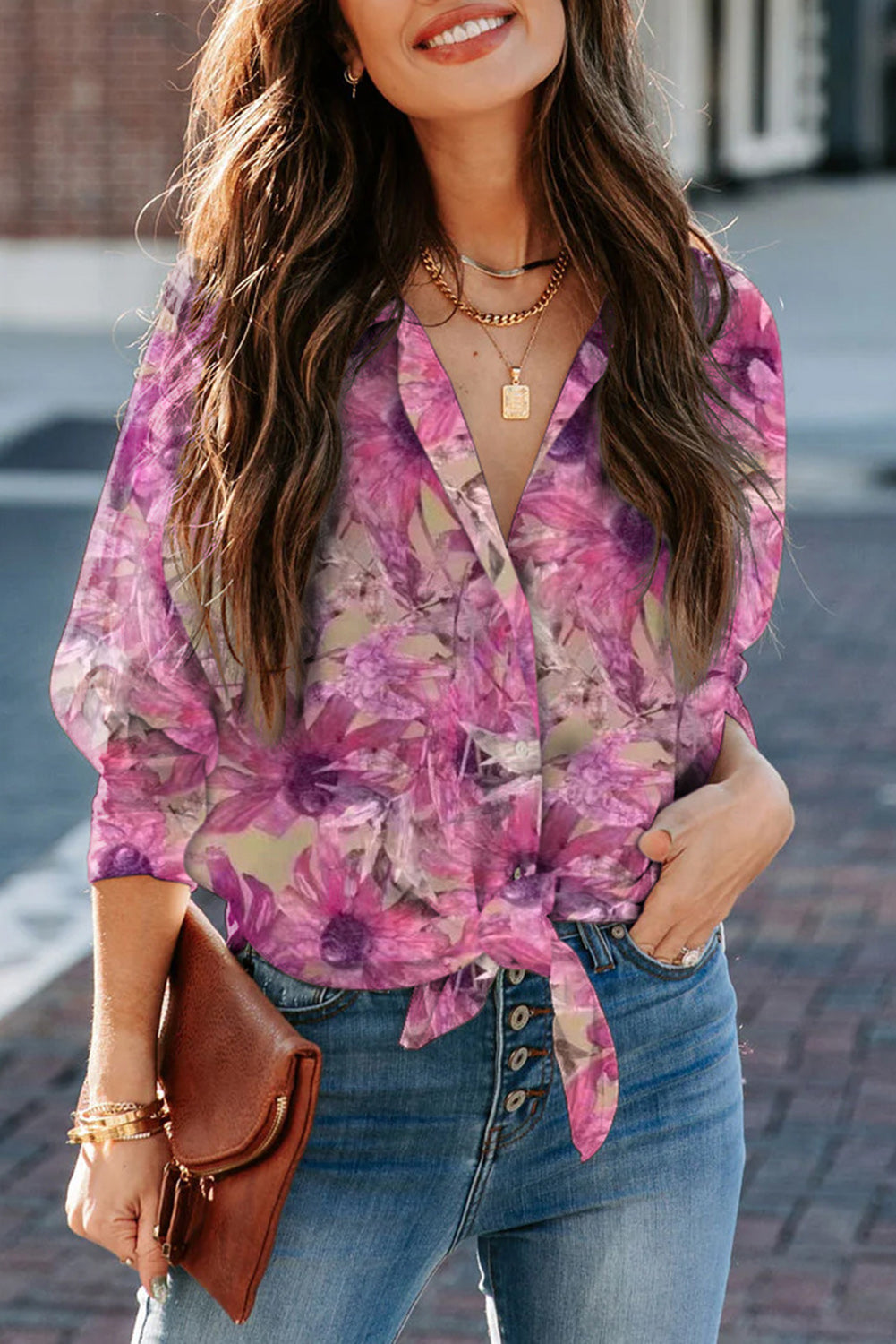 Purple Floral Print Button Up Puff Sleeve Shirt