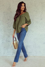 Load image into Gallery viewer, Green Textured V Neck Bracelet Sleeve Babydoll Blouse
