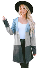 Load image into Gallery viewer, Blue Color Block Patchwork Open Front Hooded Cardigan
