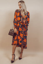 Load image into Gallery viewer, Orange Floral Print Faux Wrap Belted Dress
