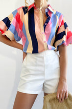 Load image into Gallery viewer, Multicolor Color Block Striped Puff Sleeve Buttoned Shirt
