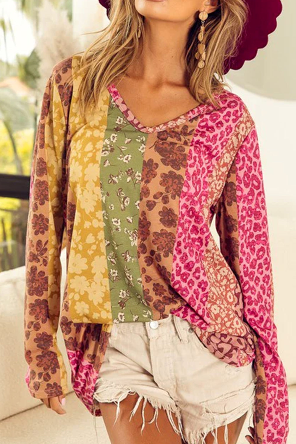 Multicolor Floral Leopard Mixed Print V Neck Long Sleeve Tee