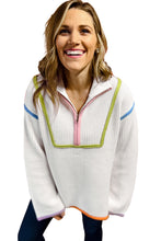 Load image into Gallery viewer, White Colorful Edge Quarter Zip Drop Shoulder Sweater

