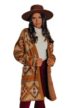 Load image into Gallery viewer, Brown Aztec Geometric Knit Open Front Cardigan
